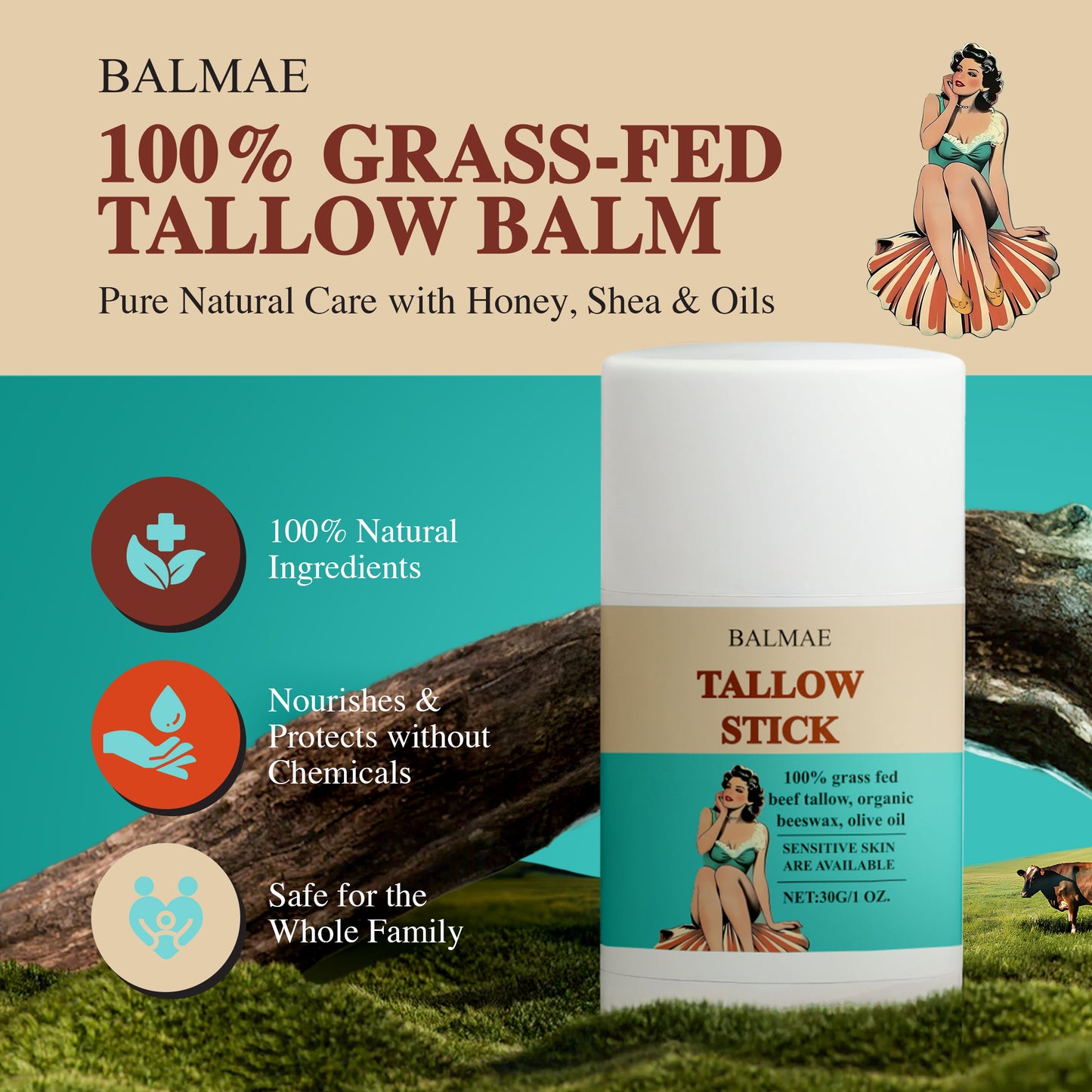 Balmae Tallow Stick - 100% Grass-Fed Beef Tallow Balm with Beeswax & Olive Oil